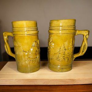 Vintage 1980 Ceramic Beer Mugs Stein Yellow Gold Glaze *read*